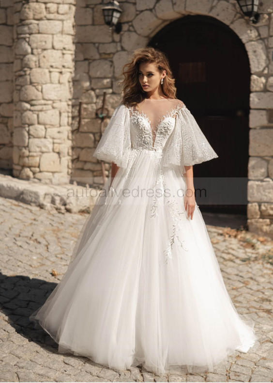Beaded Ivory Lace Tulle Princess Sparkling Wedding Dress